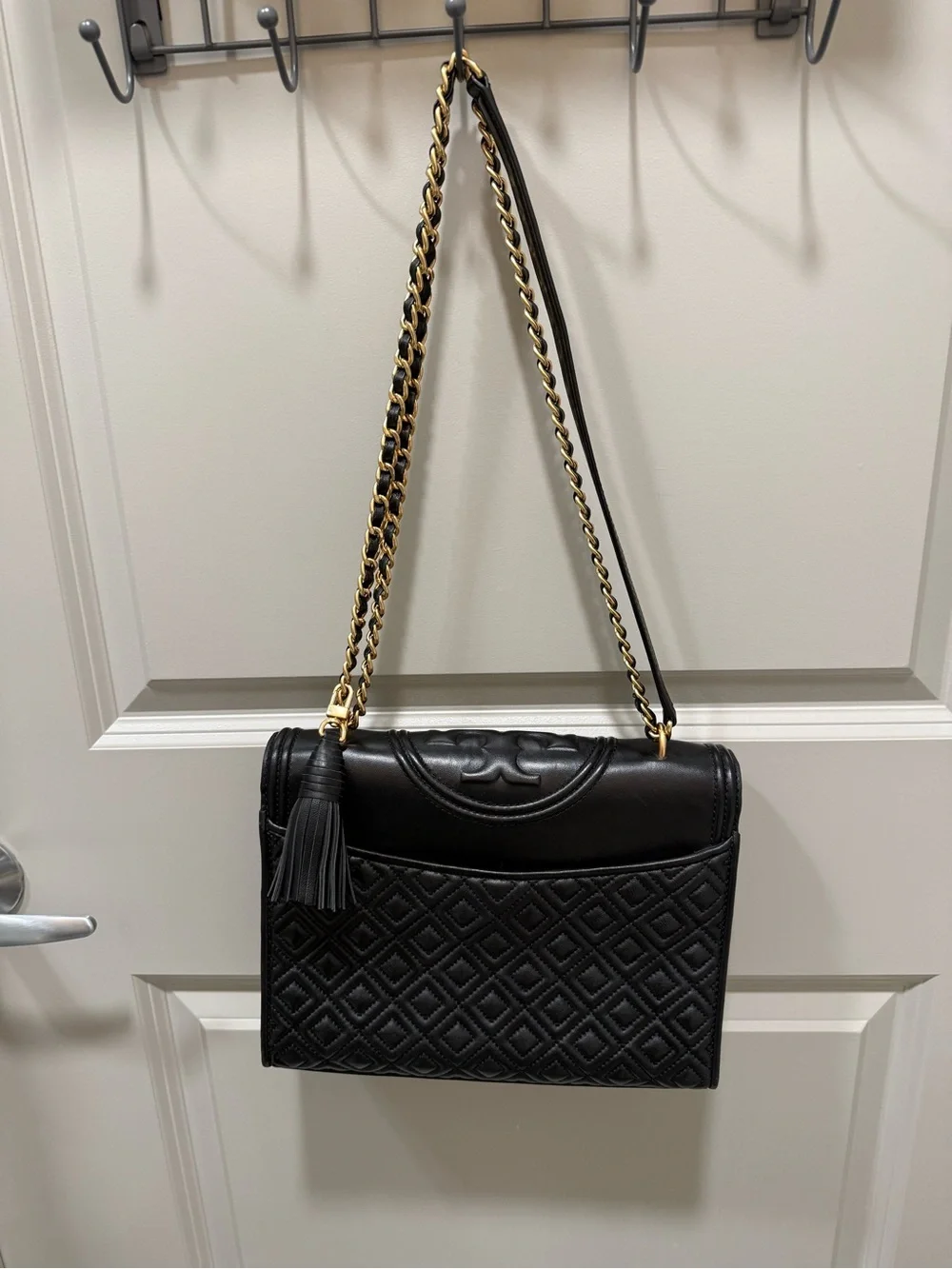 Authentic Tory Burch Black Quilted Leather Shoulder Bag with Tassel and Gold